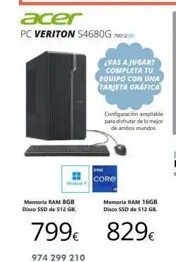 Ecomputer Memoria ram 8gb disco ssd de 512 gb. acer pc veriton 54680g 7001200x 974 299 210 intel core ¿vas a jugar? completa tu e oferta