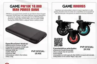Game Game pw10k 10.000 mah power bank especificaciones técnicas: bateria interna: polimero de litio capacidad de la bateria: 10. oferta