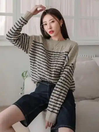 Shein Dazy jersey con patrón de rayas tejido de cable de hombros caídos oferta