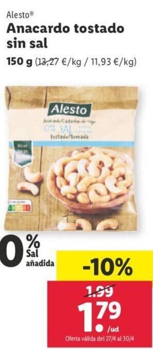 Lidl Alesto Anacardo Tostado Sin Sal oferta
