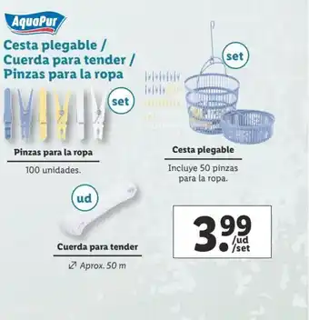 Lidl AquaPur Cesta plegable / Cuerda para tender / Pinzas para la ropa oferta