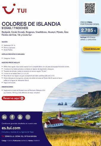Tui Travel PLC I colores de islandia 9 días / 7 noches reykjavik, circulo dorado, borganes, snæfellsnes, akureyri, mývatn, área fiordos d oferta