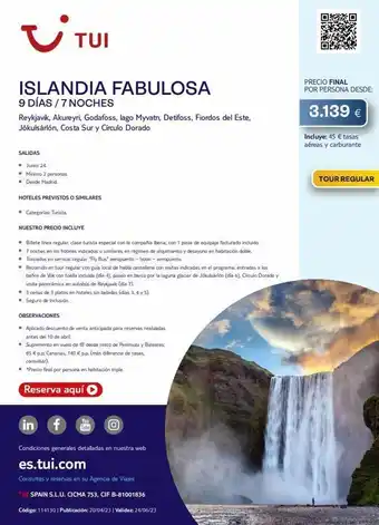 Tui Travel PLC I islandia fabulosa 9 días / 7 noches tui reykjavik, akureyri, godafoss, lago myvatn, detifoss, fiordos del este, jökulsá oferta