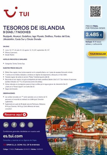 Tui Travel PLC I tui tesoros de islandia 9 días / 7 noches reykjavik, akureyri, godafoss, lago myvatn, detifoss, fiordos del este, jökul oferta
