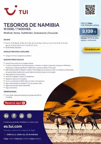 Tui Travel PLC I tui tesoros de namibia 10 días / 7 noches. windhoek, etosha, twyfelfontein, swakopmund y sossusvlei. salidas • ene: 01 oferta