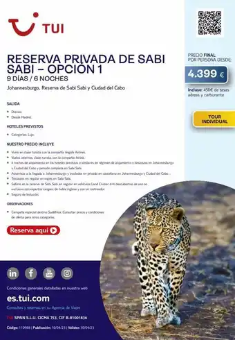 Tui Travel PLC I tui reserva privada de sabi sabi-opción 1 9 días / 6 noches johannesburgo, reserva de sabi sabi y ciudad del cabo sali oferta
