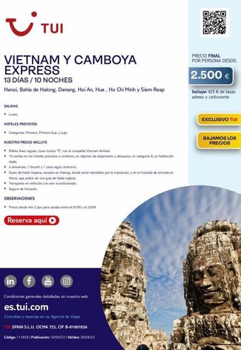 Tui Travel PLC I vietnam y camboya express 13 días / 10 noches hanoi, bahía de halong, danang, hoi an, hue, ho chi minh y siem reap sali oferta