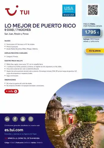 Tui Travel PLC ~ lo mejor de puerto rico 9 días / 7 noches san juan, rincón y ponce salidas • diarias entre el 01 de mayo y el 31 de oc oferta
