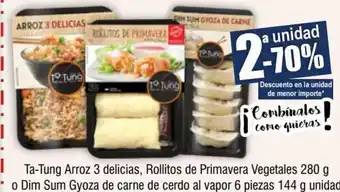 FROIZ Ta-Tung Arroz 3 delicias, Rollitos de Primavera Vegetales 280 g o Dim Sum Gyoza de carne de cerdo al vapor 6 piezas 144 g oferta