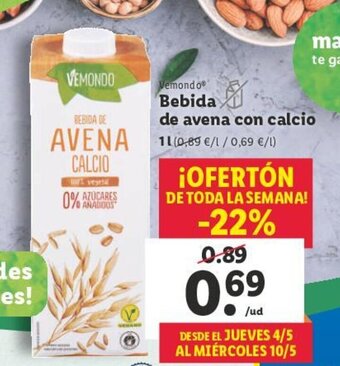 Lidl Vemondo Bebida de avena con calcio oferta