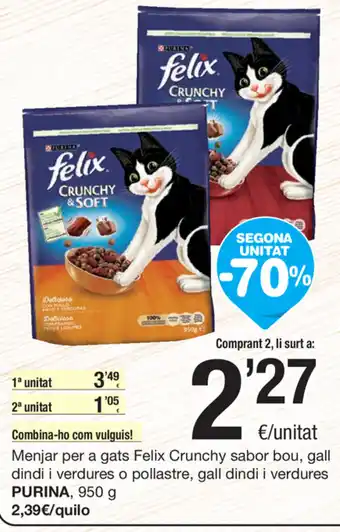 SPAR Fragadis Purina Menjar per a gats Felix Crunchy sabor bou, gall dindi i verdures o pollastre, gall dindi i verdures 950g oferta