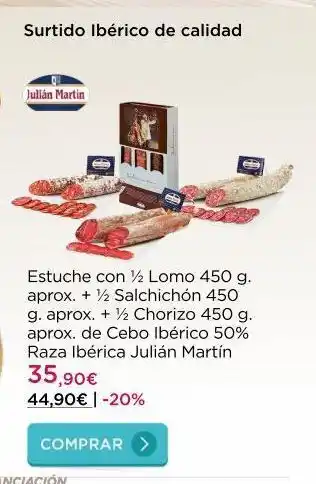 La tienda en casa Surtido ibérico de calidad julián martin estuche con 1/2 lomo 450 g. aprox. + ½ salchichón 450 g. aprox. + ½ chorizo 450 g. oferta