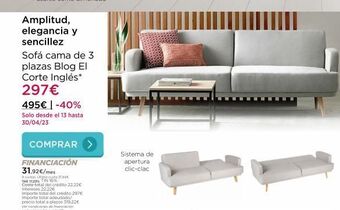 La tienda en casa Amplitud, elegancia y sencillez sofá cama de 3 plazas blog el corte inglés* 297€ 495€ | -40% solo desde el 13 hasta 30/04 oferta