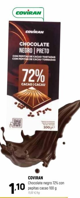 Coviran COVIRAN Chocolate negro 72% con pepitas cacao 100 g oferta