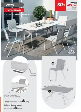 Espaço Casa Mira novedad cj. jardin mira 7 piezas r. 51612 asiento y respaldo en textil de alta calidad 1 mesa: 100x180x74cm 75kg 6 oferta