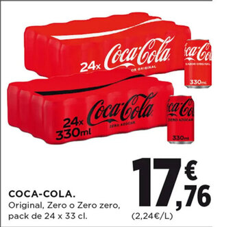Hipercor COCA-COLA. Original, Zero o Zero zero, pack de 24 x 33 cl. oferta