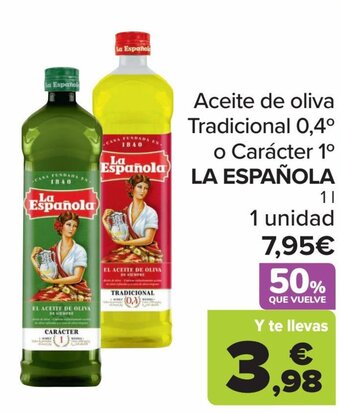 Carrefour Aceite de oliva Tradicional 0,4⁰ o Carácter 1° LA ESPAÑOLA oferta