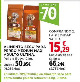 Hipercor ALIMENTO SECO PARA PERRO MEDIUM MAXI ADULTO ULTIMA. Pollo o Buey, 12 kg. oferta