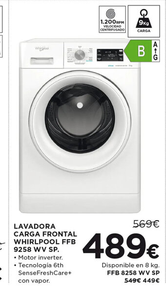 Hipercor LAVADORA CARGA FRONTAL WHIRLPOOL FFB 9258 WV SP. oferta