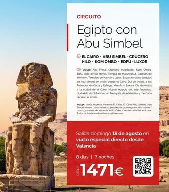 Travelplan Circuito egipto con abu simbel el cairo. abu simbel crucero nilo kom ombo. edfú. luxor visitas: alta presa, obelisco inaca oferta