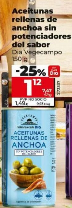 Dia Aceitunas rellenas de anchoa sin potenciadores del sabor Dia Vegecampo 150 g oferta