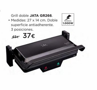Hipercor Grill doble JATA GR266. • Medidas: 27 x 14 cm. Doble superficie antiadherente. 3 posiciones. oferta