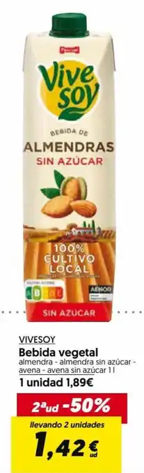 Hiper Usera VIVESOY Bebida vegetal almendra - almendra sin azúcar - avena - avena sin azúcar 1L oferta