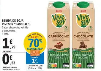 E.Leclerc BEBIDA DE SOJA VIVESOY "PASCUAL". Sabor chocolate, vainilla o capuccino. 1 litro. oferta
