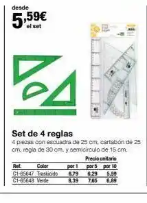 Staples Kalamazoo Desde 5,59€ el set pa ref. color c1-65647 traslucido c1-65648 verde set de 4 reglas 4 piezas con escuadra de 25 cm, car oferta