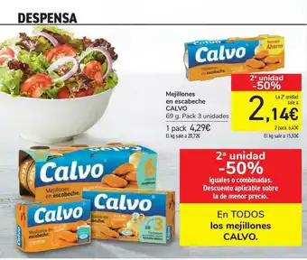 Carrefour Calvo Mejillones En Escabeche 69g Pack 3 unidades oferta