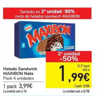 Carrefour Helado Sandwich Maxibon Nata Pack 4 Unidades oferta
