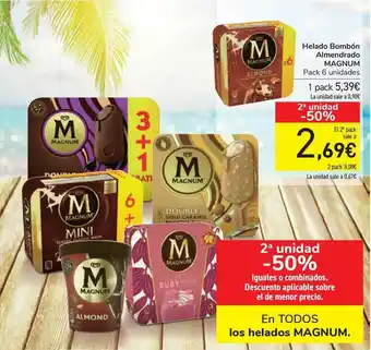 Carrefour Helado Bombón Almendrado Magnum Pack 6 unidades oferta