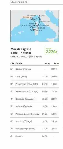 Viajes El Corte Inglés Star clipper cannes dia escala montecade plan porticci beach ajaccio 2° lerici (alia) 1 cannes (francia) mar de ligur oferta