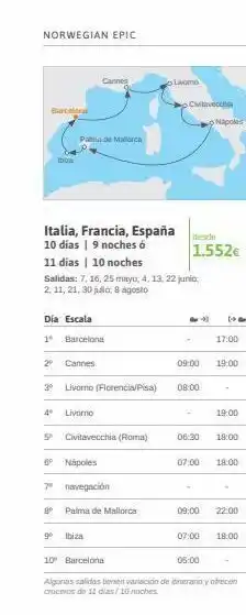 Viajes El Corte Inglés Norwegian epic barcelon ibiza palma de mallorca cannes italia, francia, españa 10 días | 9 noches ó 11 dias | 10 noche oferta