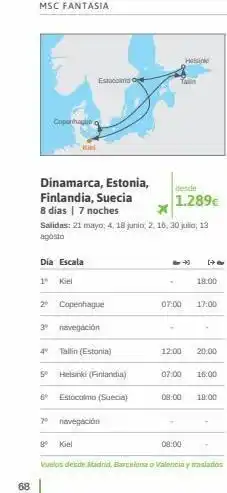 Viajes El Corte Inglés 68 msc fantasia copenhague kiel dinamarca, estonia, finlandia, suecia 8 días | 7 noches dia escala 1 kiel estocolmo oferta