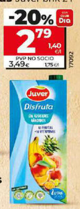 Dia Néctar Disfruta sin azúcares añadidos 10 frutas + 10 vitaminas Juver brik 2L oferta