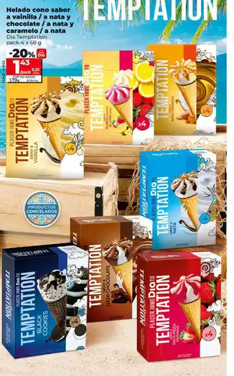 Dia Helado cono sabor a vainilla / a nata y chocolate/a nata y caramelo / a nata Dia Temptation pack-4 x 68 g oferta