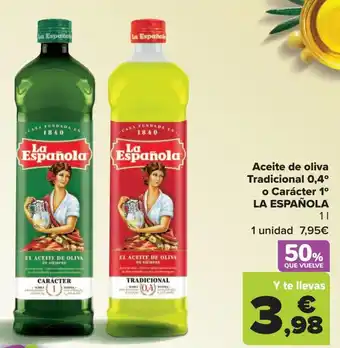 Carrefour Aceite de oliva Tradicional 0,4⁰ o Carácter 1⁰ LA ESPAÑOLA 1L oferta
