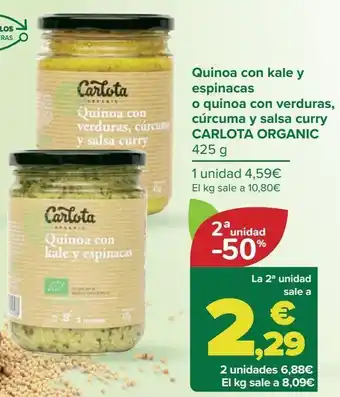 Quinoa con kale y espinacas o quinoa con verduras, cúrcuma y salsa curry carlota organic