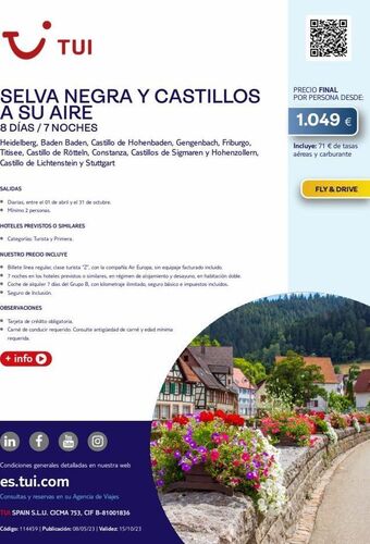 Tui Travel PLC I selva negra y castillos a su aire 8 días / 7 noches tui heidelberg, baden baden, castillo de hohenbaden, gengenbach, fr oferta