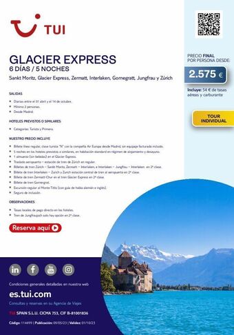 Tui Travel PLC ~ tui glacier express 6 días / 5 noches sankt moritz, glacier express, zermatt, interlaken, gornegratt, jungfrau y zúrich oferta