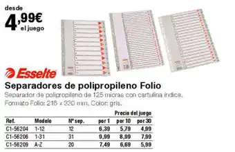 Staples Kalamazoo Separadores de polipropileno Folio oferta