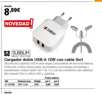 Staples Kalamazoo Cargador doble USB-A 12W con cable 3in1 oferta