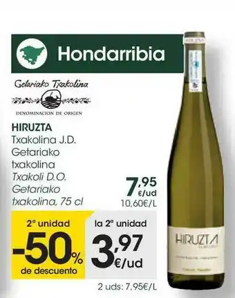 Eroski Hiruzta Txakoli D.o. Getariako Txakolin 2a Unidad -50% De Descuento oferta