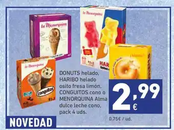 HiperDino Donuts Helado Haribo Helado Osito Fresa Limón Conguitos Cono O Menorquina Alma Dulce Leche Cono oferta