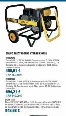 Ayerbe 3800 grupo electrogeno ayerbe kiotsu 213064310 potencia máx 3,8 kva 3000 w. potencia nominal 3.2 kva 2500w. motor k