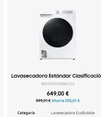 Samsung 20 lavasecadora estándar clasificació wd10t634dbh/s3 649,00 € 899,01 € ahorra 250,01 € oferta