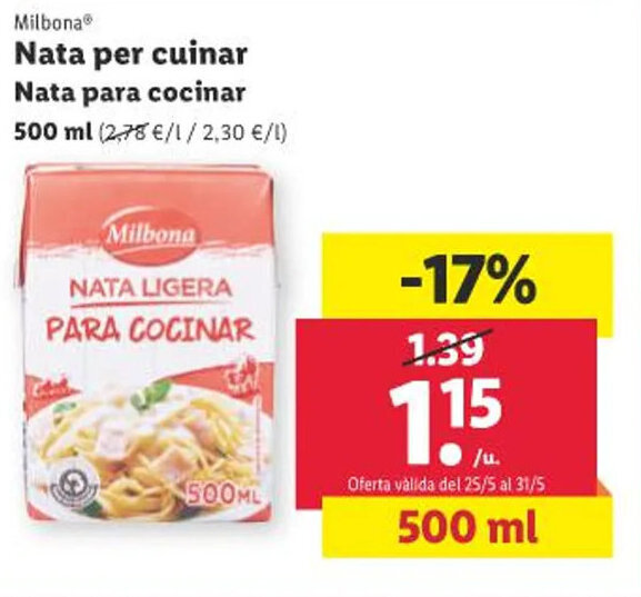 Lidl Nata per cuinar Nata para cocinar 500 ml (2,78 €/1/2,30 €/l) oferta