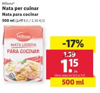 Lidl Nata per cuinar Nata para cocinar 500 ml (2,78 €/1/2,30 €/l) oferta