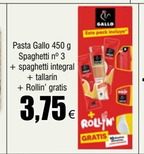Froiz Pasta Gallo 450 g Spaghetti nº 3 + spaghetti integral + tallarín + Rollin' gratis oferta